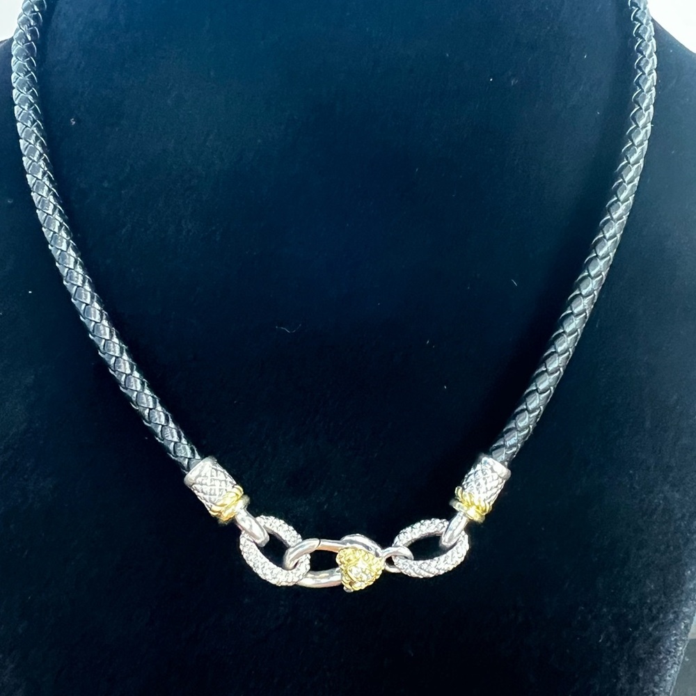 Judith Ripka JR TWO Sterling Silver 18K Diamond Leather Cord Necklace 15 3/4” - Picture 7 of 11